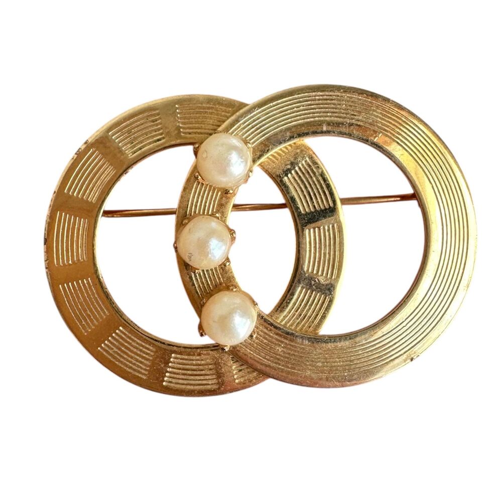 Vintage Double Ring Gold Tone Pearl Brooch Pin
